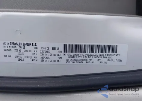 2012 Dodge Grand Caravan Sxt z USA, uszkodzony, nr VIN 2C4RDGCG4CR369936